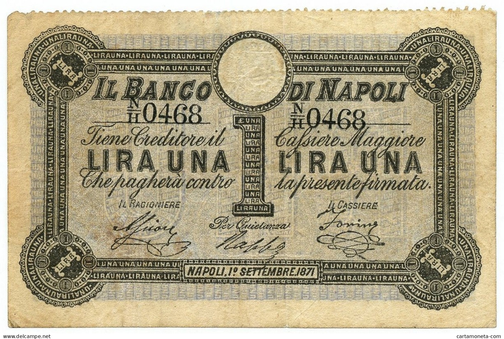 1 LIRA BANCO DI NAPOLI FEDE DI CREDITO 5° TIPO 01/09/1871 BB - Altri & Non Classificati