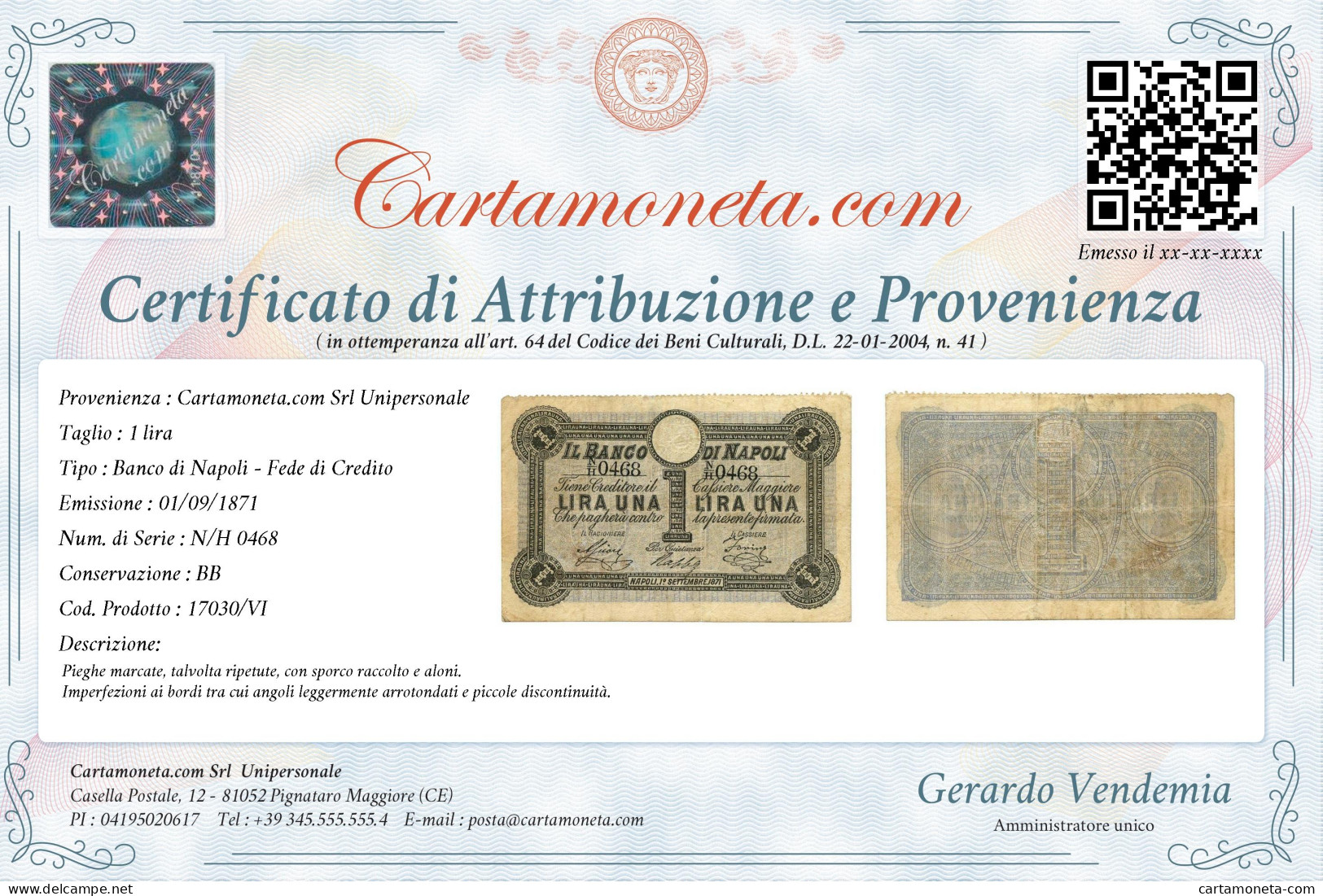 1 LIRA BANCO DI NAPOLI FEDE DI CREDITO 5° TIPO 01/09/1871 BB - Other & Unclassified