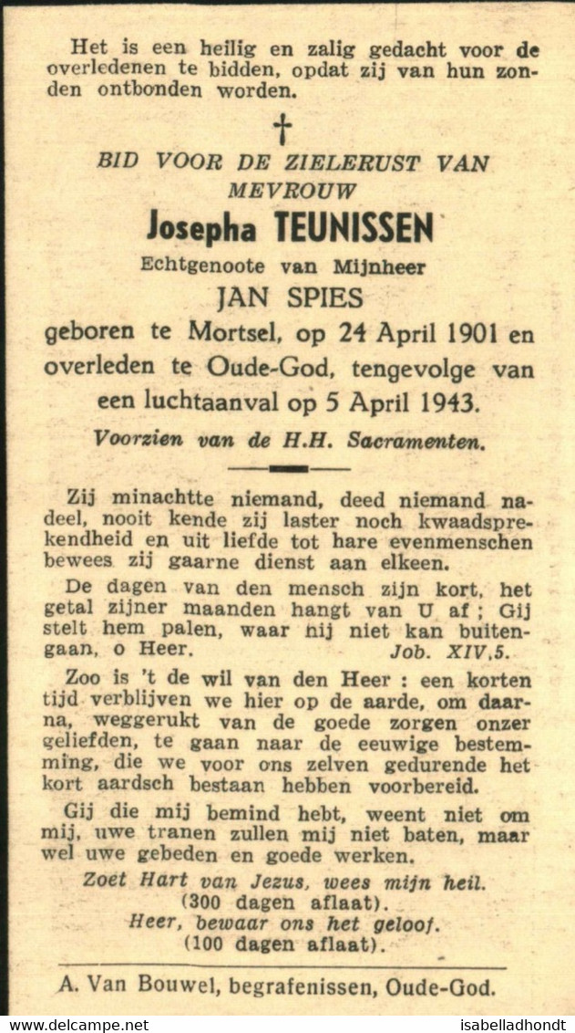 Mortsel Oude-God Luchtbombardement 5/4/1943 Mevr.Josepha Teunissen Overl. Op Straat Geb.24/4/1901 Te Mortsel - Santini