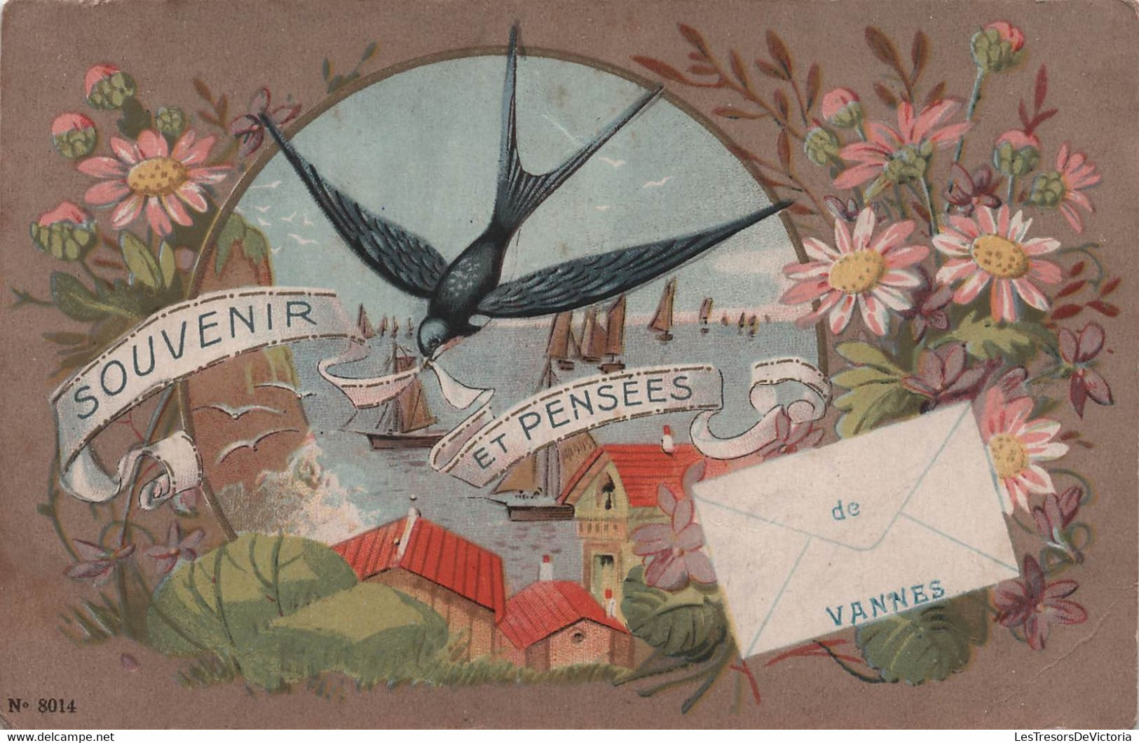 CPA Souvenir Et Pensées De Vannes - Hirondelle Et Illustration Paysage De Bord De Mer - Vannes