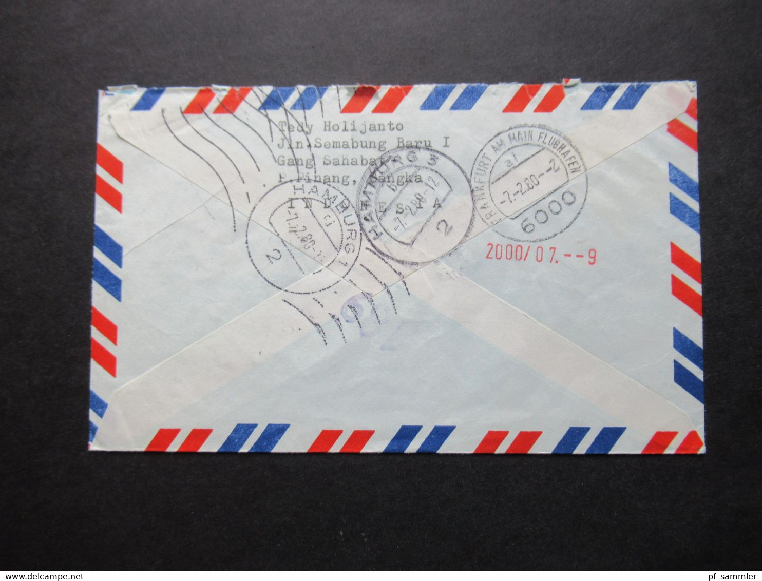 Indonesien 1980 By Air Mail Expres Pinang - Hamburg über Frankfurt Flughafen Rückseitig Weitere Stempel - Indonesia