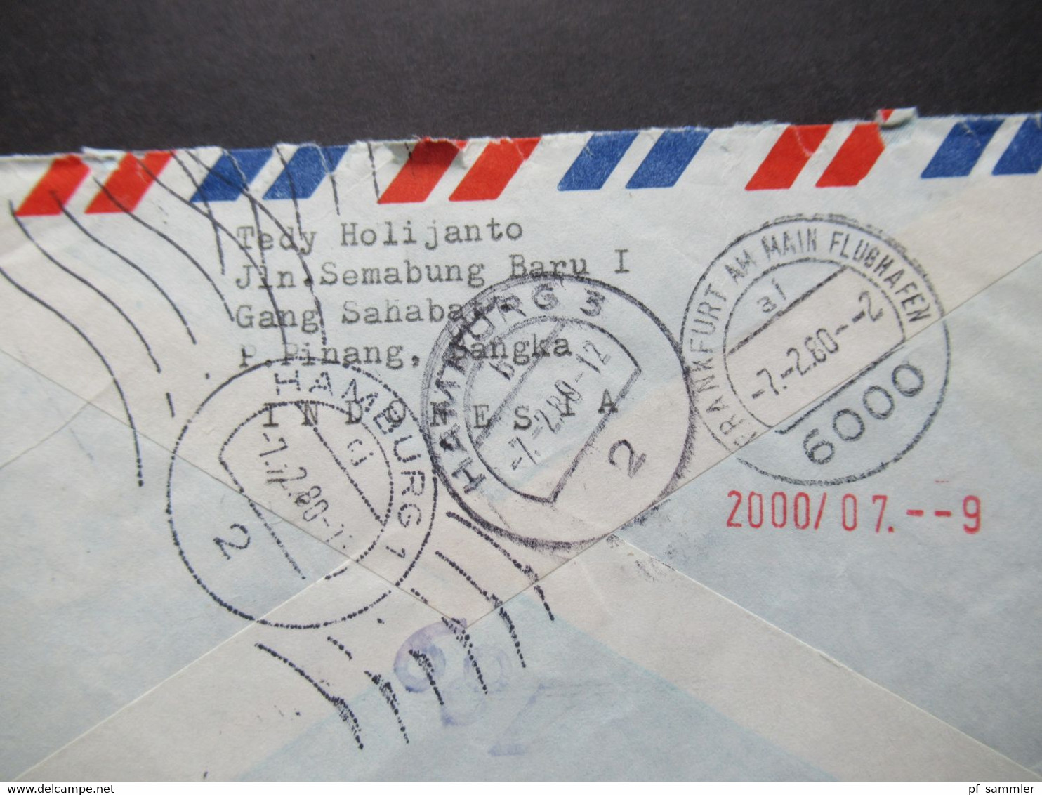 Indonesien 1980 By Air Mail Expres Pinang - Hamburg über Frankfurt Flughafen Rückseitig Weitere Stempel - Indonésie
