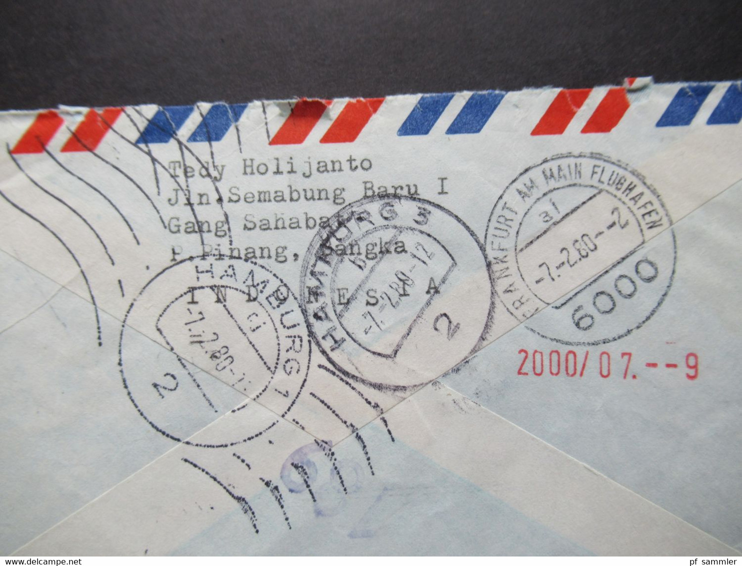 Indonesien 1980 By Air Mail Expres Pinang - Hamburg über Frankfurt Flughafen Rückseitig Weitere Stempel - Indonesia