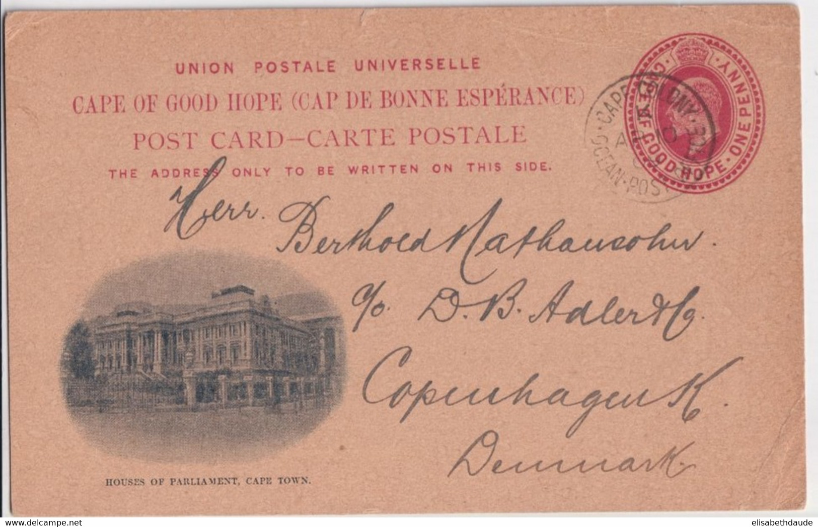 CAPE OF GOOD HOPE - 1909 - CARTE ENTIER ILLUSTREE (HOUSES OF PARLIAMENT CAPE TOWN) De CAPE COLONY OCEAN => DANEMARK ! - Cap De Bonne Espérance (1853-1904)