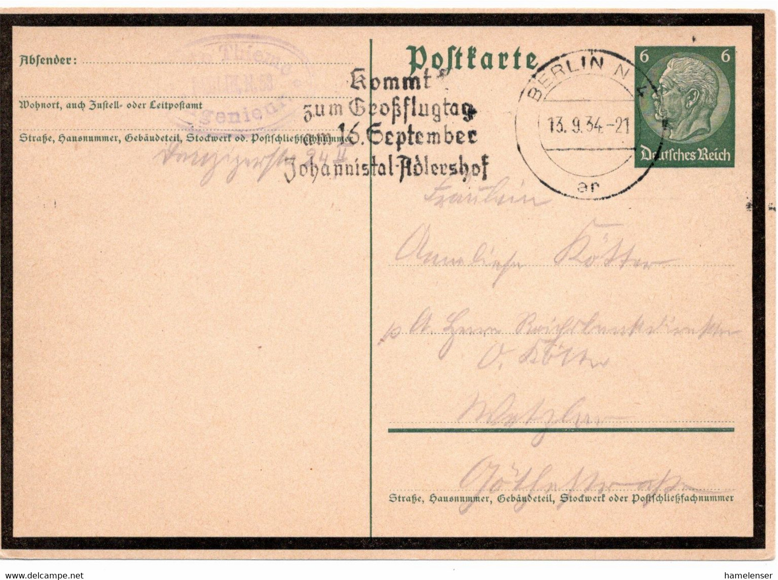 54722 - Deutsches Reich - 1934 - 6Pfg Hindenburg Tod SoGAKte BERLIN - ... GROSSFLUGTAG AM 16. SEPTEMBER .. -> Wetzlar - Otros (Aire)