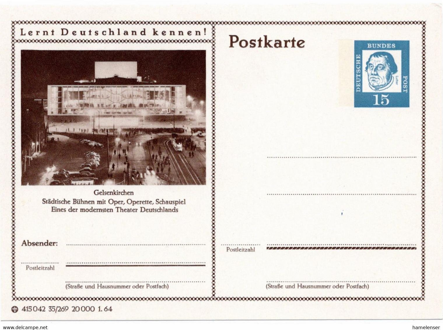 54733 - Bund - 1964 - 15Pfg GAKte Luther "Gelsenkirchen ... Oper ...", Ungebraucht - Musica