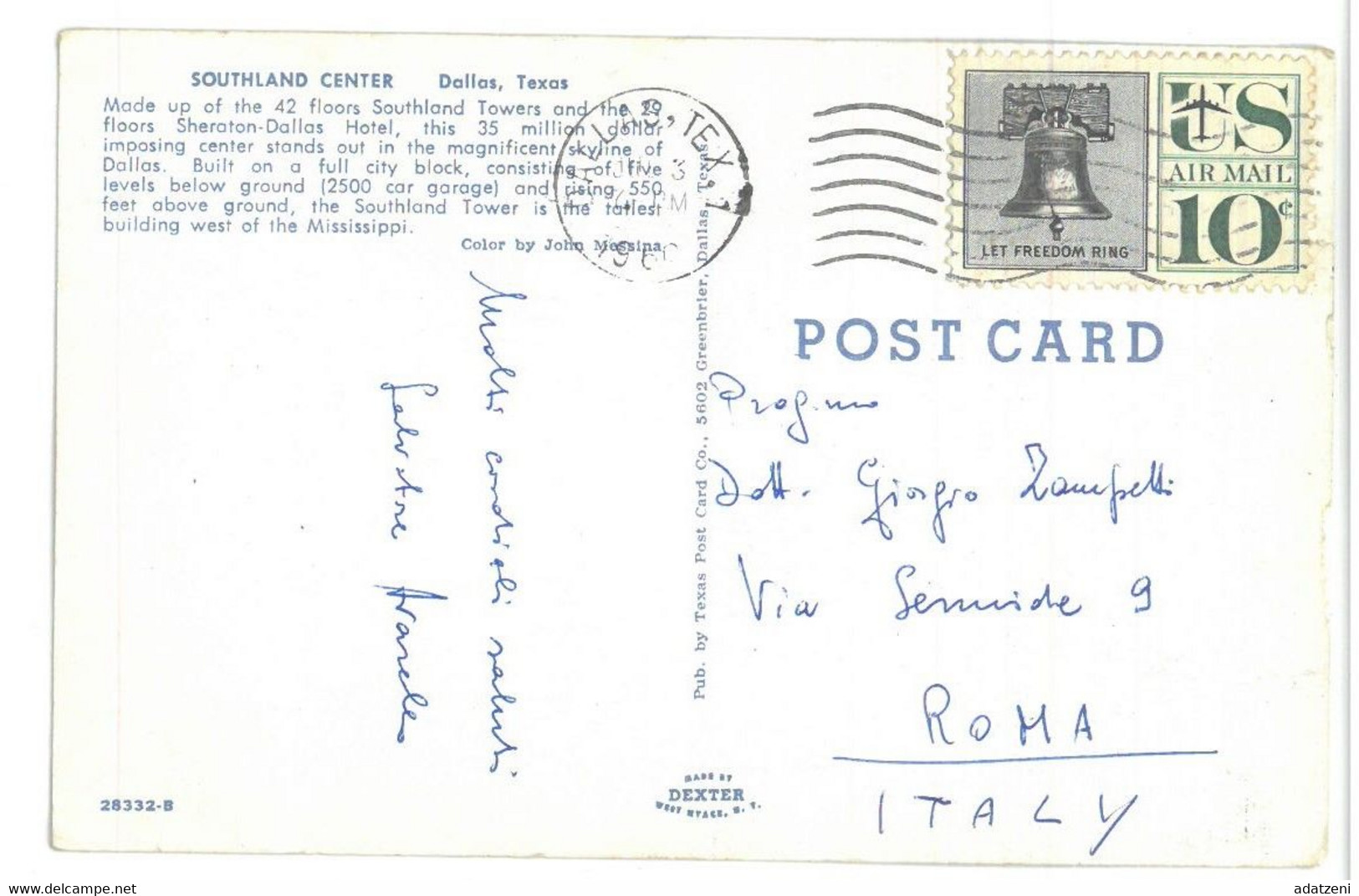 BR487 Dallas Texas Southland Center Viaggiata 1960 Verso Roma - Dallas