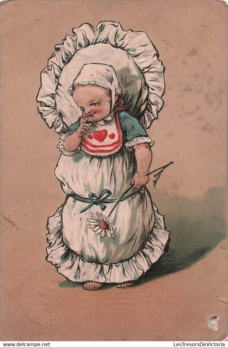 CPA Illustration D'un Bébé Debout Avec Une Margherite à La Main Et Un Bavoir Coeur - Children's Drawings