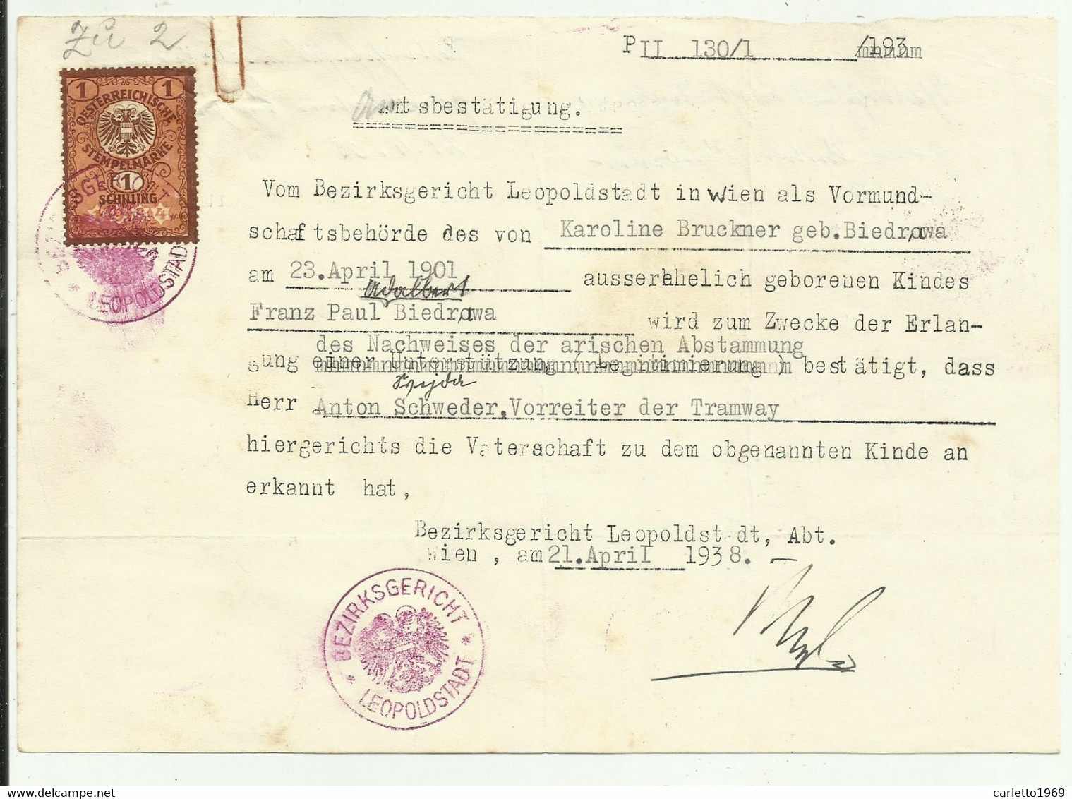 DOCUMENTO TRIBUNALE LEOPOLDSTADT WIEN  PROVA ASCENDENZA  ARIANA ( ABSTAMMUNG ) 1938 - Documents Historiques