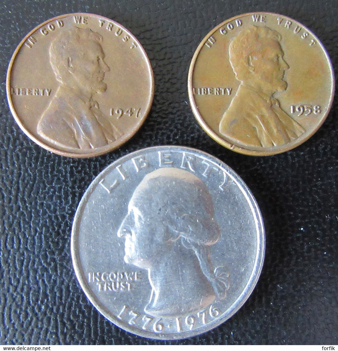 Etats-Unis / United States - 2 X One Wheat Cent 1947, 1958 + Quarter Dollar Bicentenial 1976 - Collections