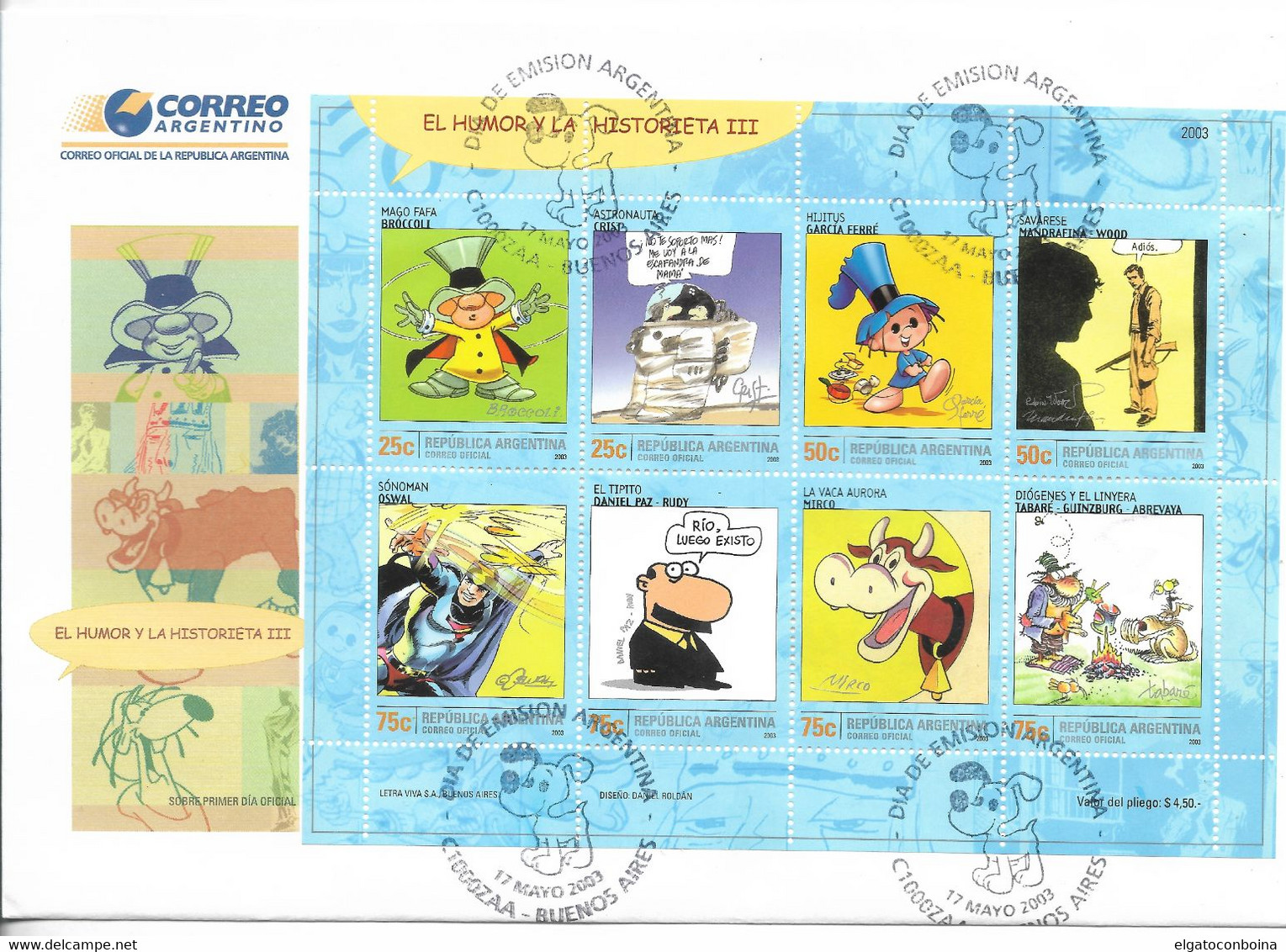 ARGENTINA 2003 HUMOR AND CARTOON III NATIONAL CARTOONS MS ON FIRST DAY COVER - Used Stamps
