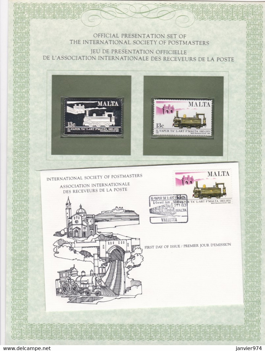 1983 Timbre Argent + Timbre Neuf + Enveloppe 1er Jour , Centenaire De La Ligne Du Chemin De Fer. FDC - Malte