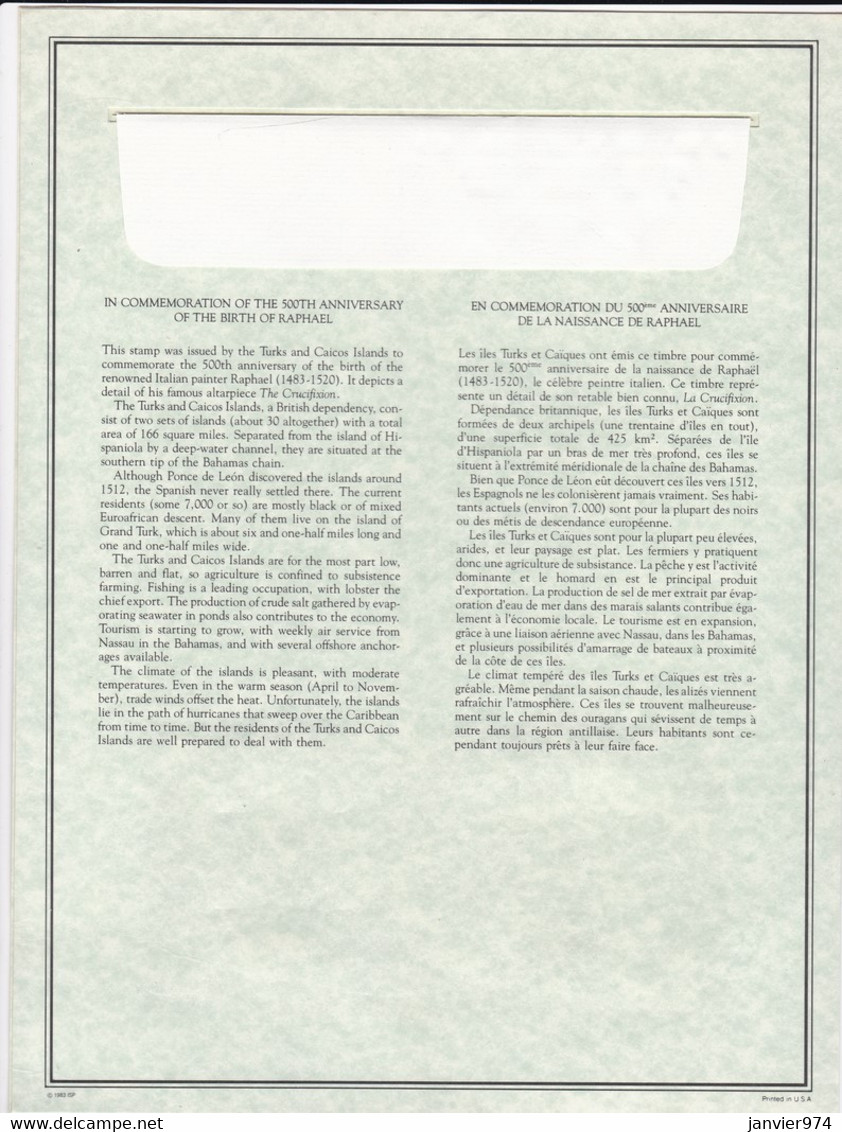 1983 Timbre Argent + Timbre Neuf + Enveloppe 1er Jour,  500e Anniv De Naissance De Raphael . FDC - Turks E Caicos