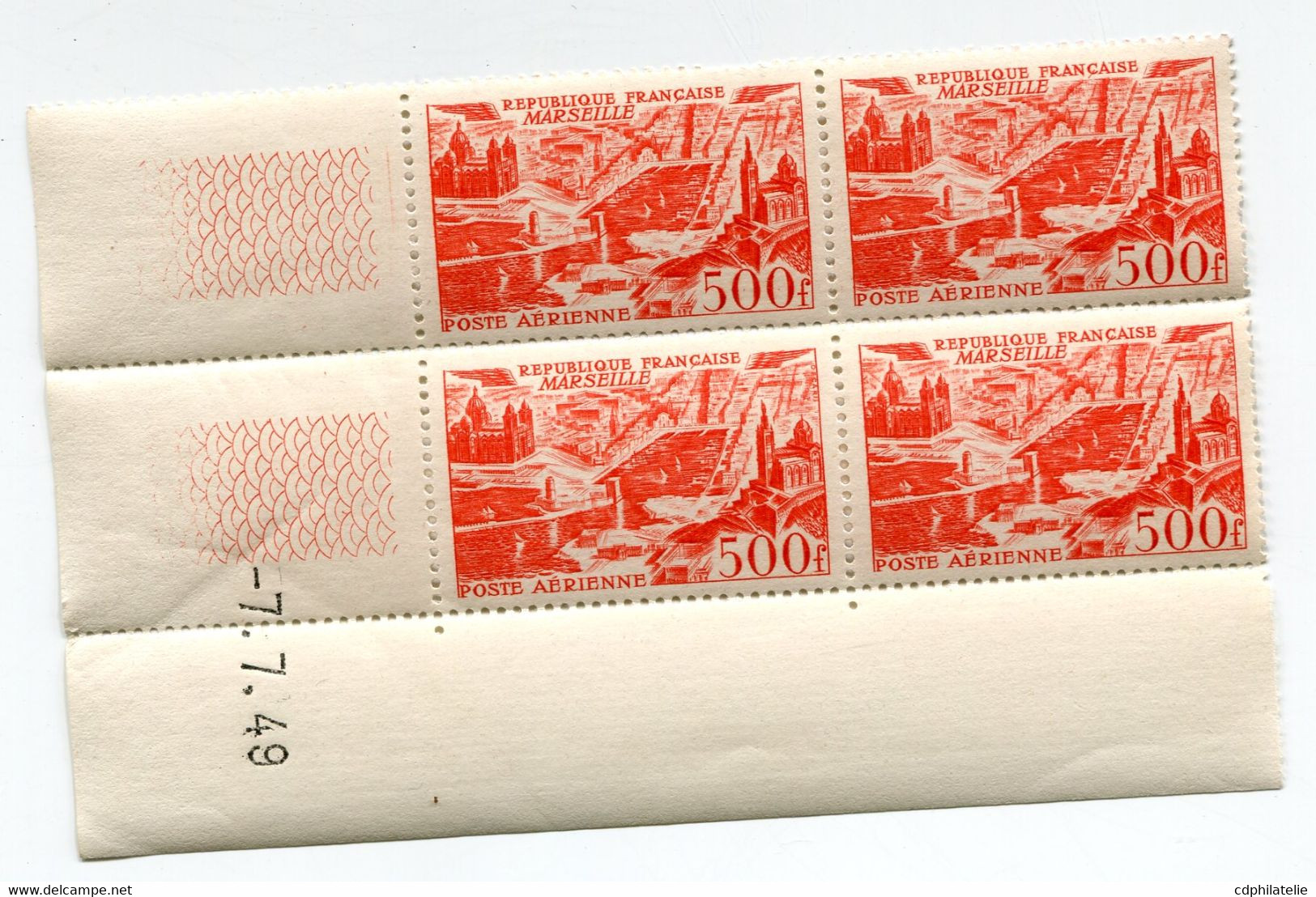 FRANCE PA 27 ** VUE STYLISEE DE MARSEILLE EN BLOC DE 4 DATE DU 7-7-49 - Luftpost