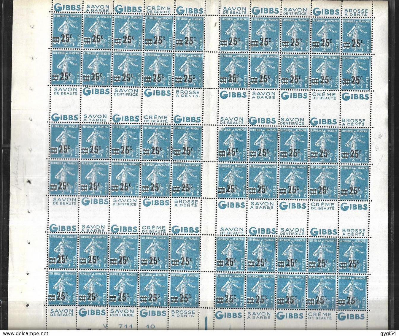 FRANCE 1926  Feuille Complète Avec Double Bande Publicitaire Cat Yt N° 217 D  N** MNH - Full Sheets