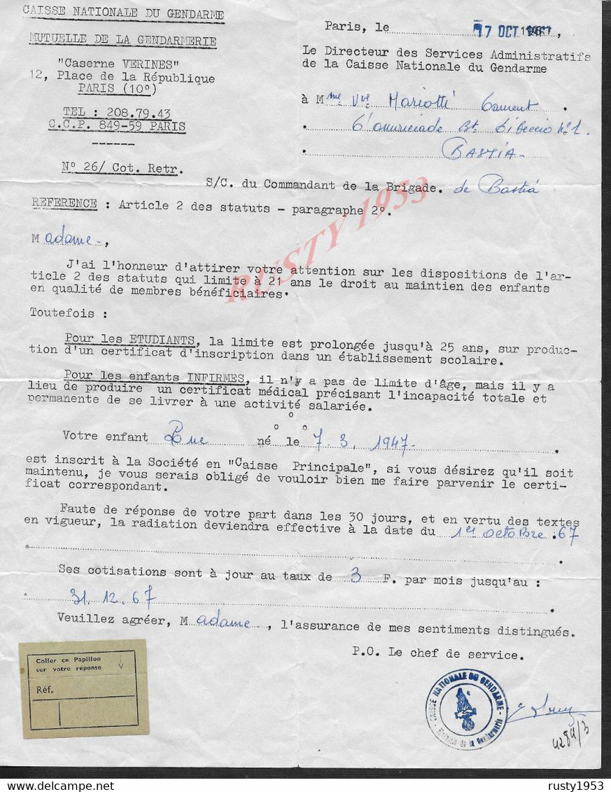 LETTRES SUJET PENSIONS MILITAIRE D INVALIDITE Vve MARIOTTI NEE PASQUALINI MATHEE BASTIA CORSE CACHET DE GENDARMERIE : - Police & Gendarmerie