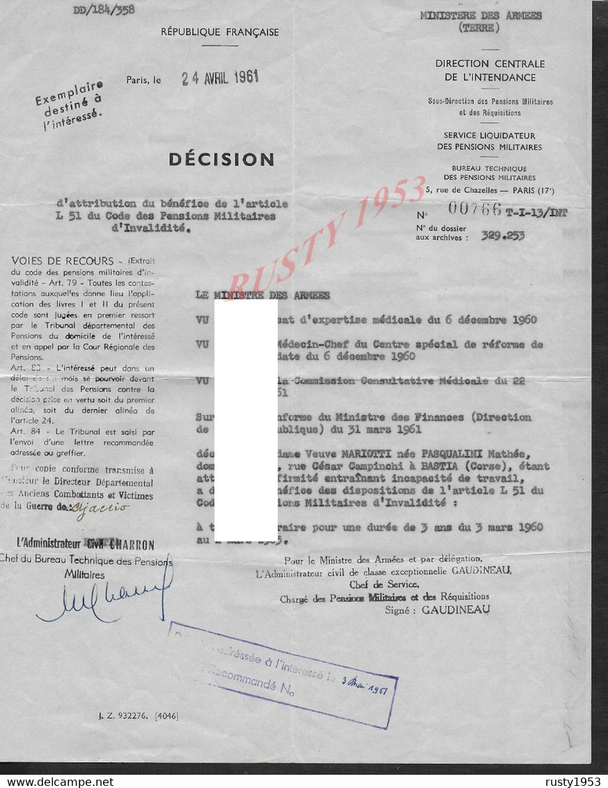 LETTRES SUJET PENSIONS MILITAIRE D INVALIDITE Vve MARIOTTI NEE PASQUALINI MATHEE BASTIA CORSE CACHET DE GENDARMERIE : - Police & Gendarmerie