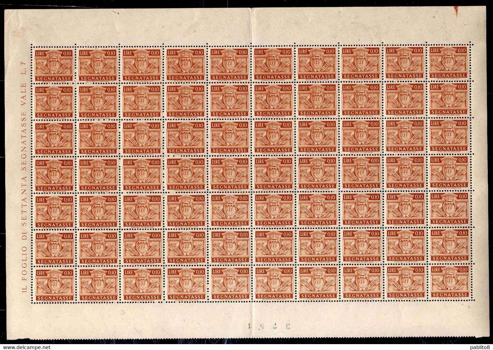 REPUBBLICA DI SAN MARINO 1945 SEGNATASSE POSTAGE DUE TASSE TAXE CENT. 10c  (0,10) FOGLIO DI 70 SHEET MNH - Impuestos