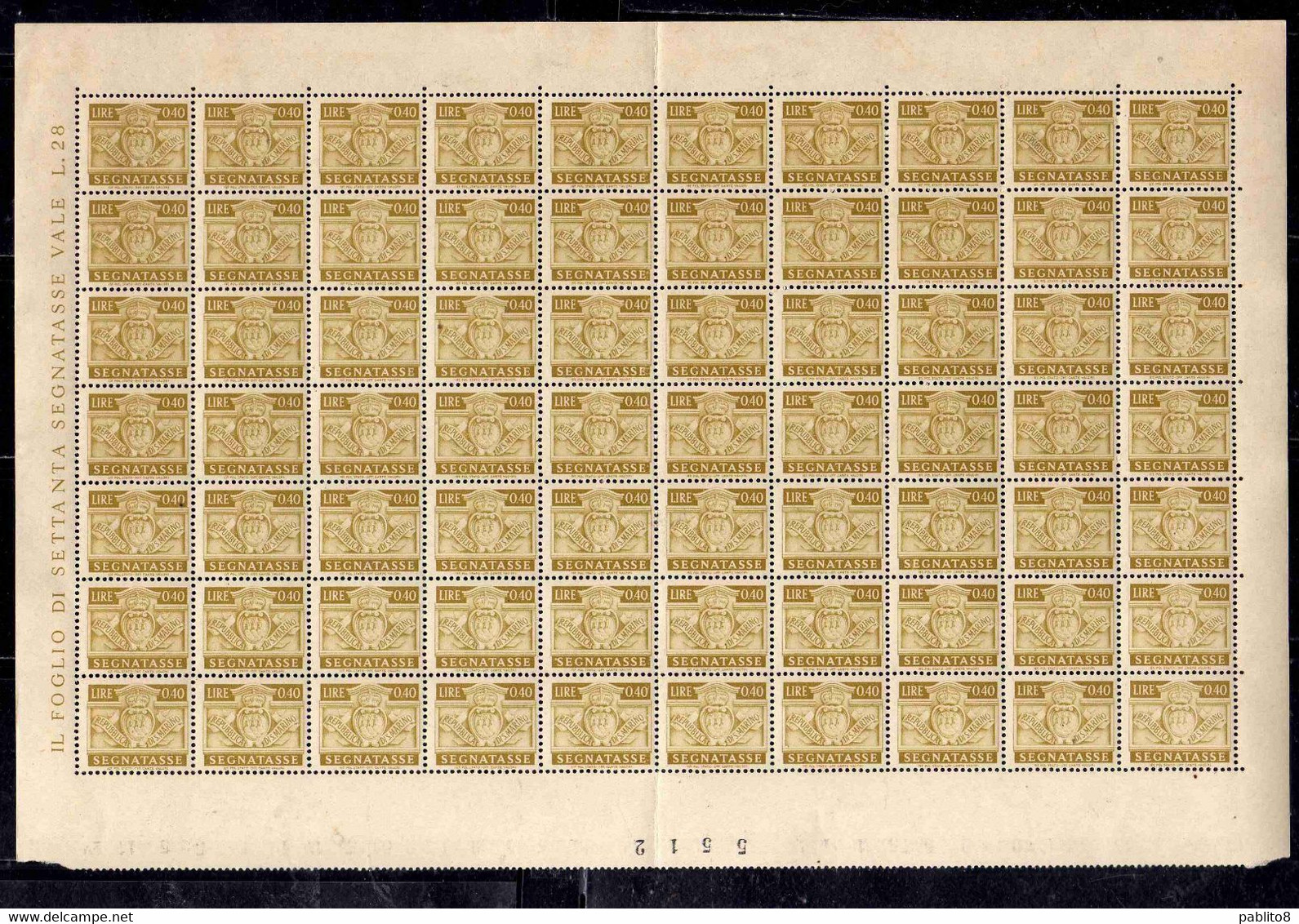 REPUBBLICA DI SAN MARINO 1945 SEGNATASSE POSTAGE DUE TASSE TAXE CENT. 40c  (0,40) FOGLIO DI 70 SHEET MNH - Timbres-taxe