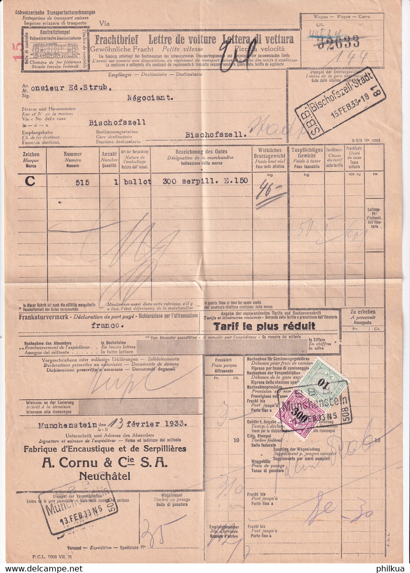 Frachtbrief Mit Eisenbahnmarken Gelaufen Von MÜNCHESTEIN Nach BISCHOFSZELL Thurgau - Railway