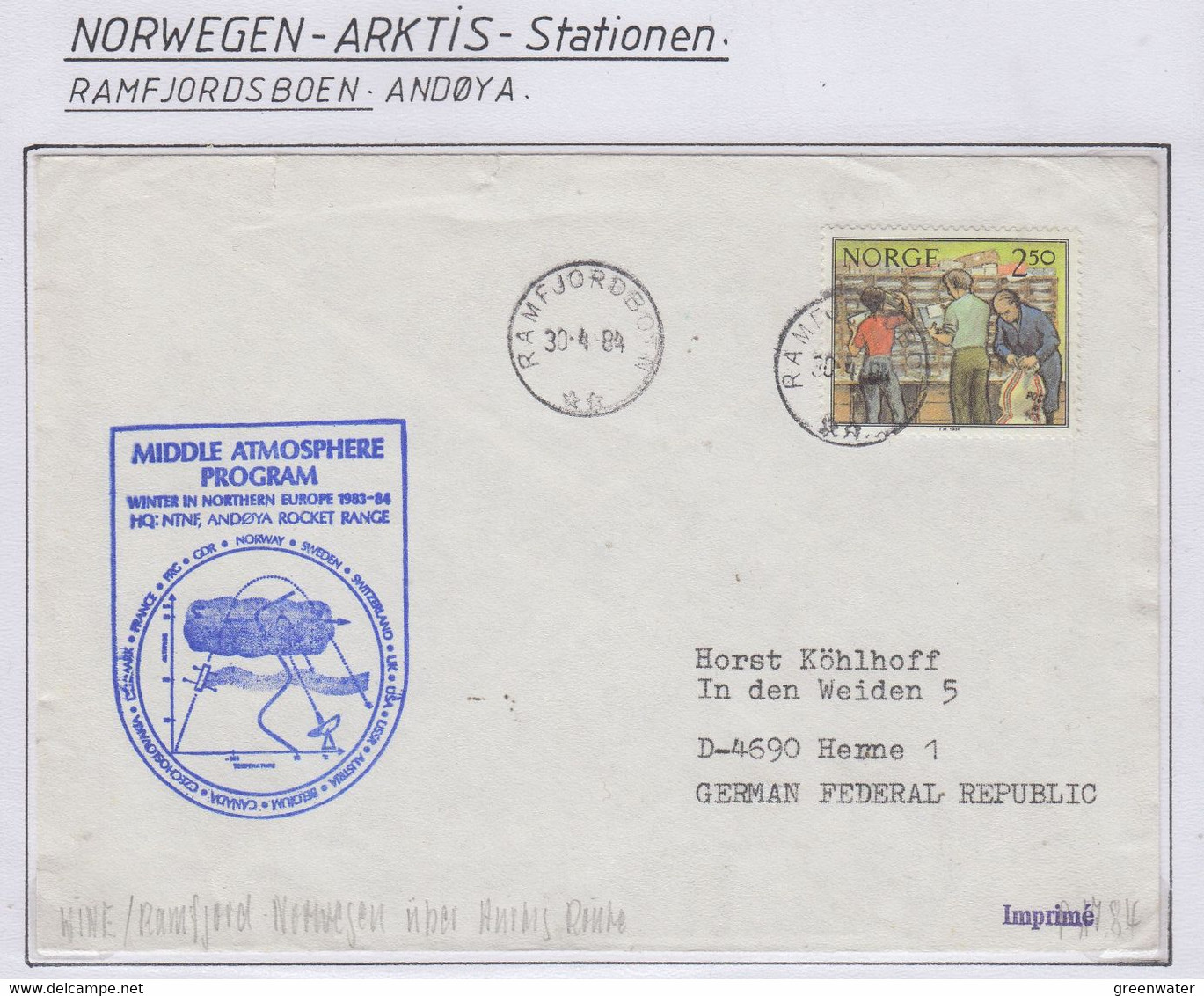 Norway 1984 Andoya Rocket Range Cover Ca Ramfjordsbotn 30.4.1984 (NI206) - Covers & Documents