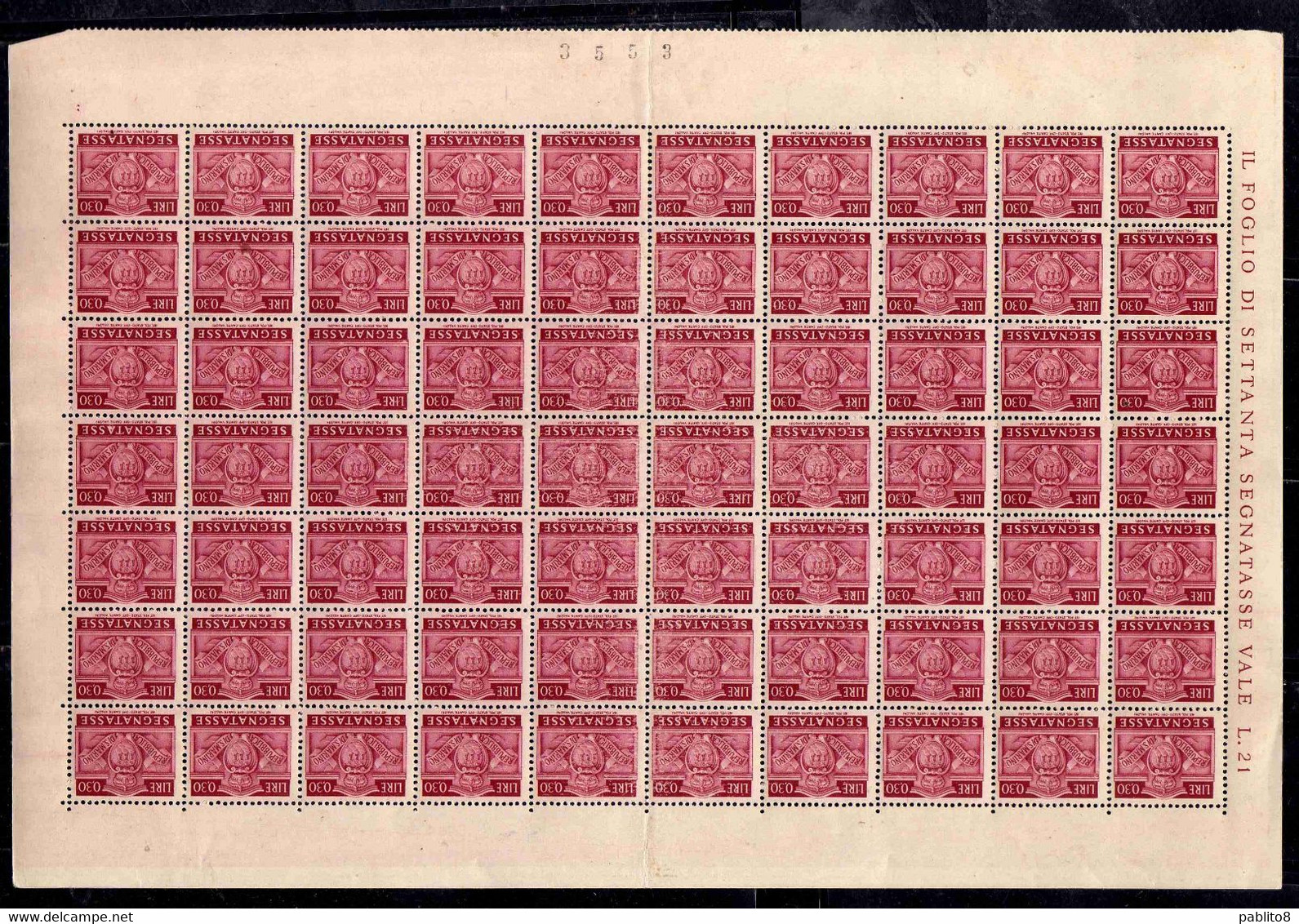 REPUBBLICA DI SAN MARINO 1945 SEGNATASSE POSTAGE DUE TASSE TAXE CENT. 30c  (0,30) FOGLIO DI 70 SHEET MNH - Segnatasse