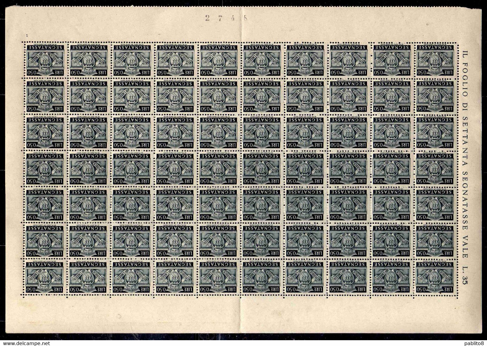 REPUBBLICA DI SAN MARINO 1945 SEGNATASSE POSTAGE DUE TASSE TAXE CENT. 50c  (0,50) FOGLIO DI 70 SHEET MNH - Postage Due
