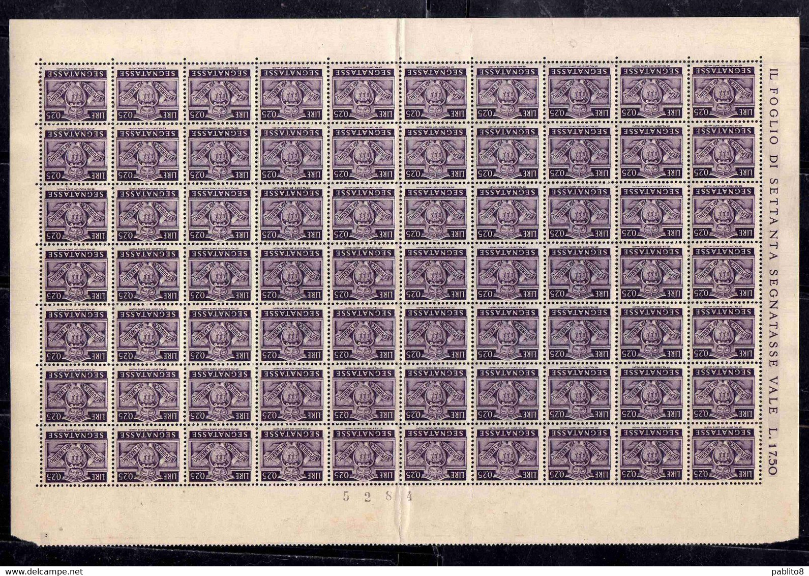 REPUBBLICA DI SAN MARINO 1945 SEGNATASSE POSTAGE DUE TASSE TAXE CENT. 25c  (0,25) FOGLIO DI 70 SHEET MNH - Segnatasse