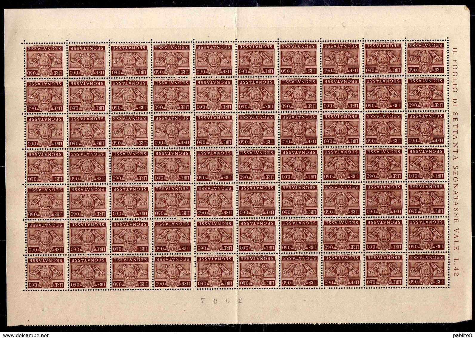 REPUBBLICA DI SAN MARINO 1945 SEGNATASSE POSTAGE DUE TASSE TAXE CENT. 60c  (0,60) FOGLIO DI 70 SHEET MNH - Postage Due