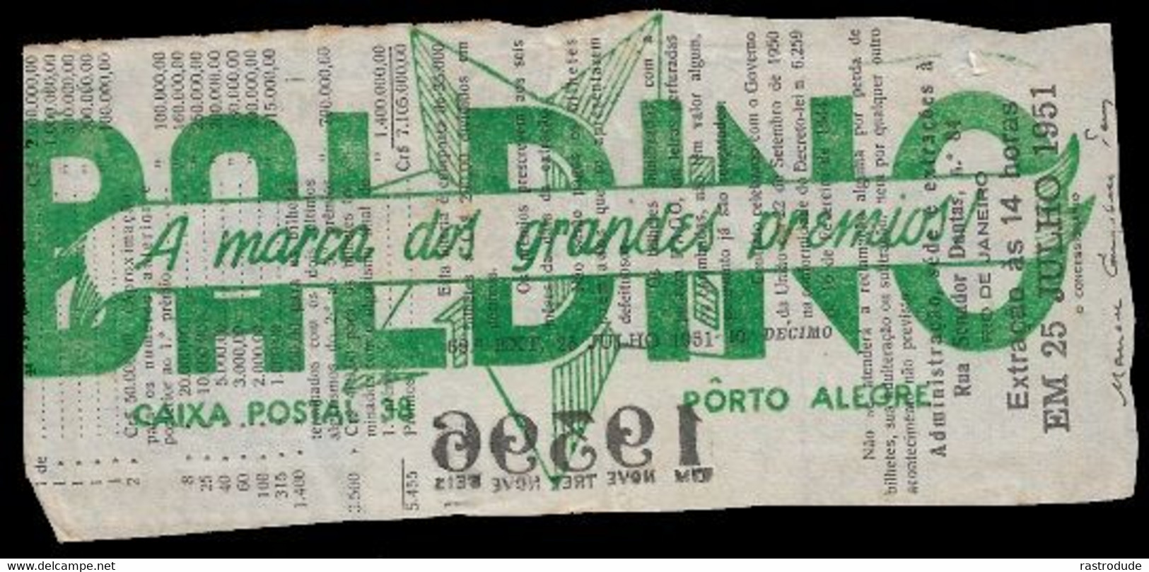 1951 BRAZIL BRASIL - LOTTERY TICKET BILHETE DE LOTERIA - MILHOES DE CRUZEIROS - Lottery Tickets