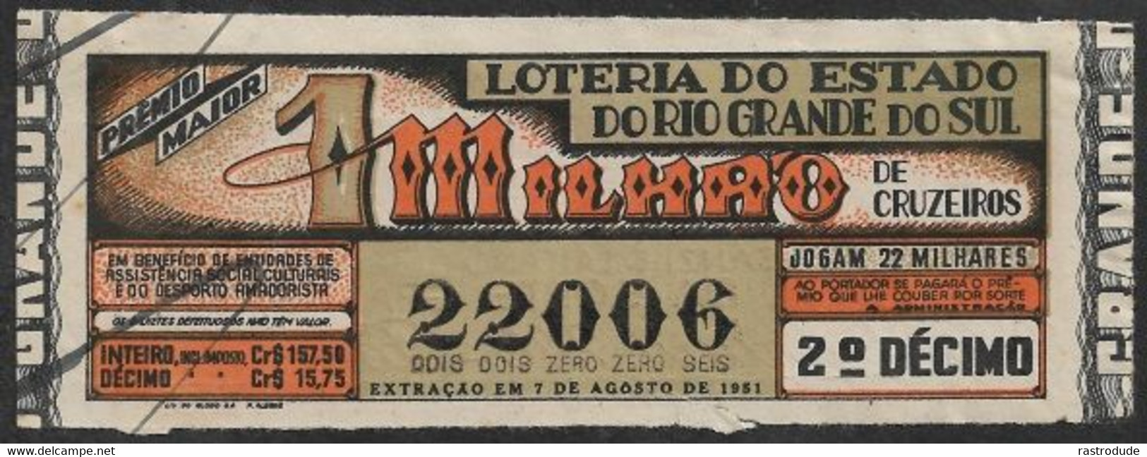 1951 BRAZIL BRASIL - LOTTERY TICKET BILHETE DE LOTERIA DO ESTADO DO RIO GRANDE DO SOL - Lottery Tickets