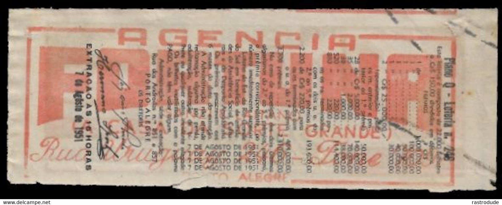 1951 BRAZIL BRASIL - LOTTERY TICKET BILHETE DE LOTERIA DO ESTADO DO RIO GRANDE DO SOL - Lottery Tickets