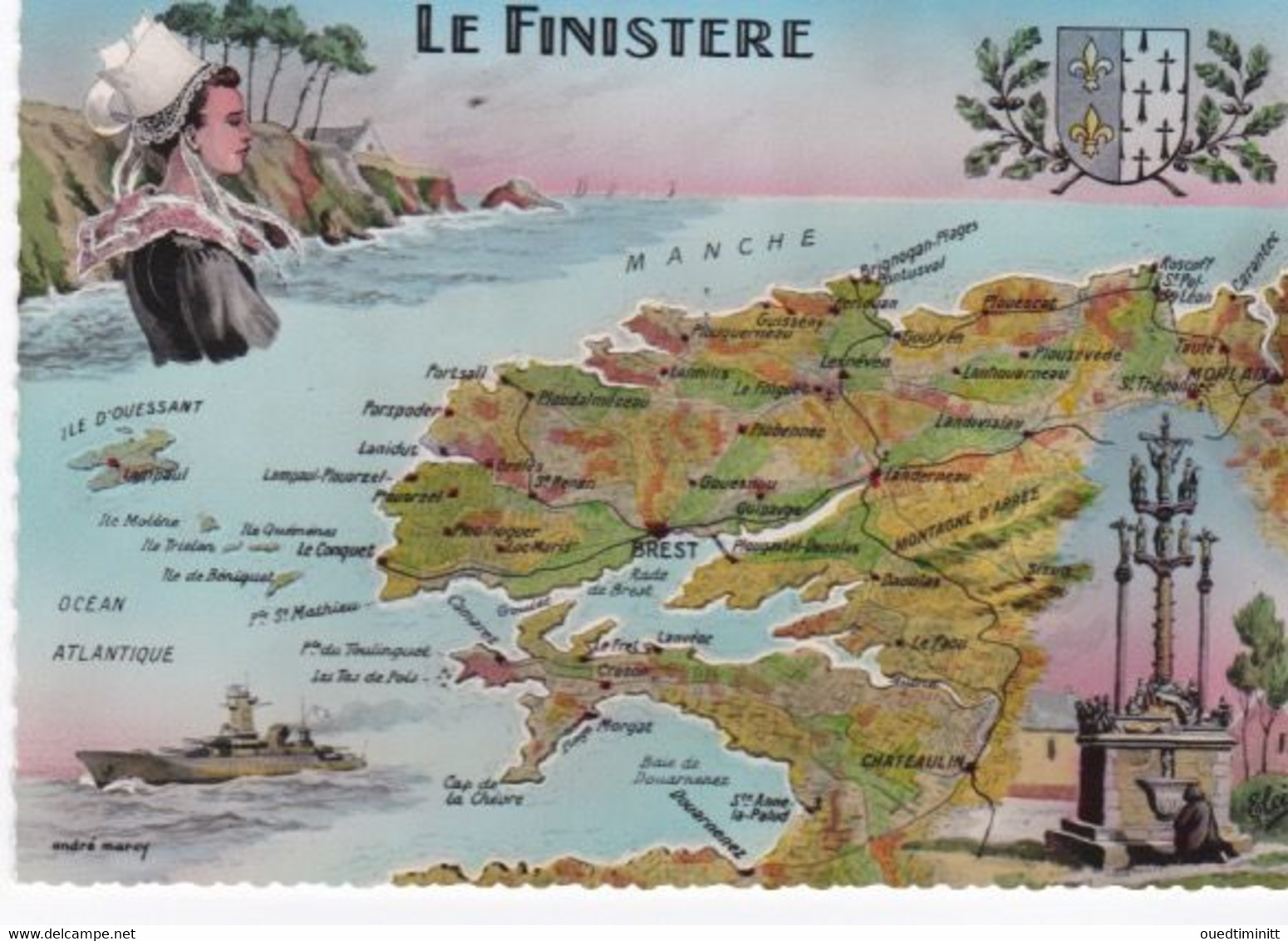 Cpsm Dentelée, Carte Géographique Du Finistère. - Carte Geografiche