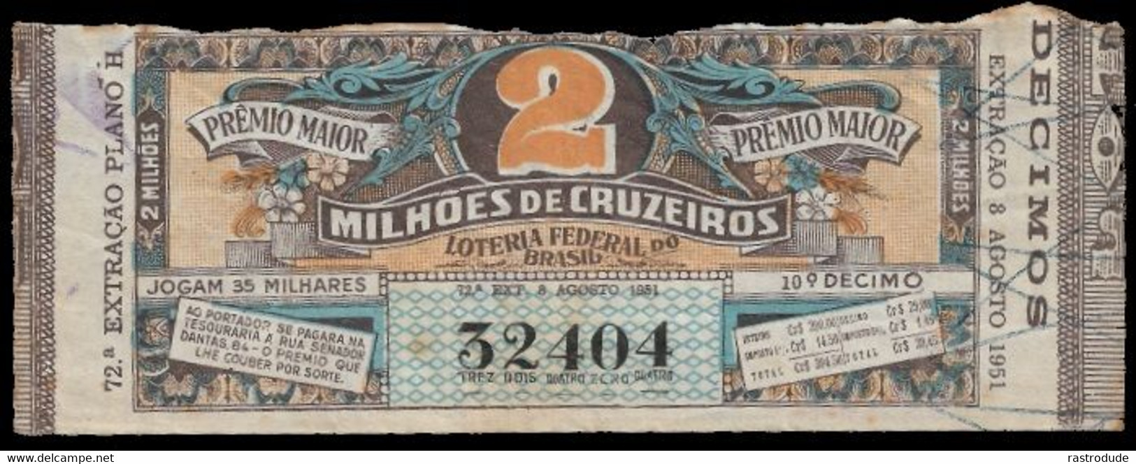 1951 BRAZIL BRASIL - LOTTERY TICKET BILHETE DE LOTERIA DO ESTADO DO BRASIL - Lottery Tickets