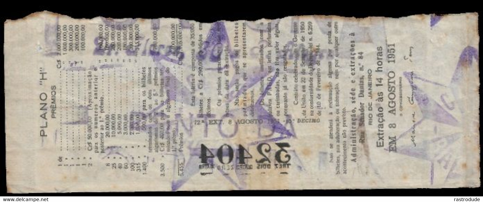 1951 BRAZIL BRASIL - LOTTERY TICKET BILHETE DE LOTERIA DO ESTADO DO BRASIL - Lottery Tickets