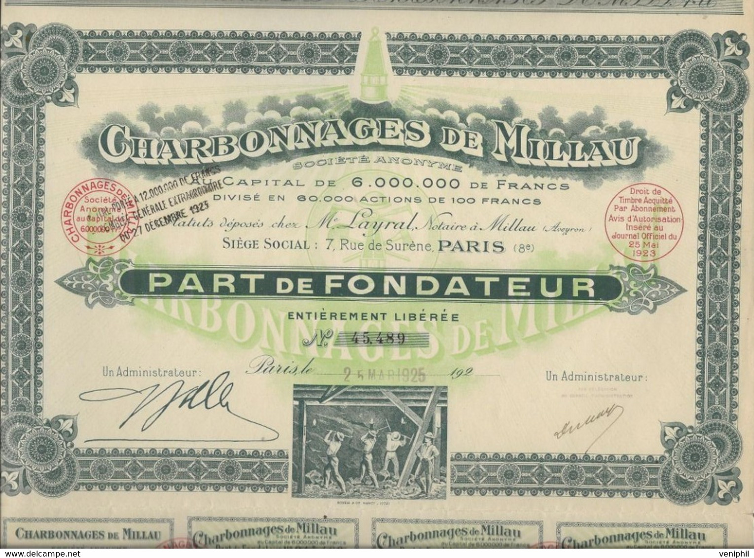 CHARBONNAGES DE  MILLAU - PART DE FONDATEUR - ANNEE 1925 - Bergbau