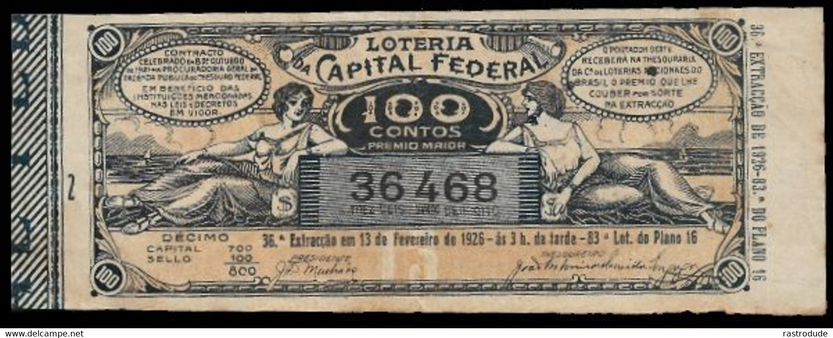 1926 BRAZIL BRASIL - LOTTERY TICKET BILHETE DE LOTERIA - LOTERIA CAPITAL FEDERAL - Lottery Tickets