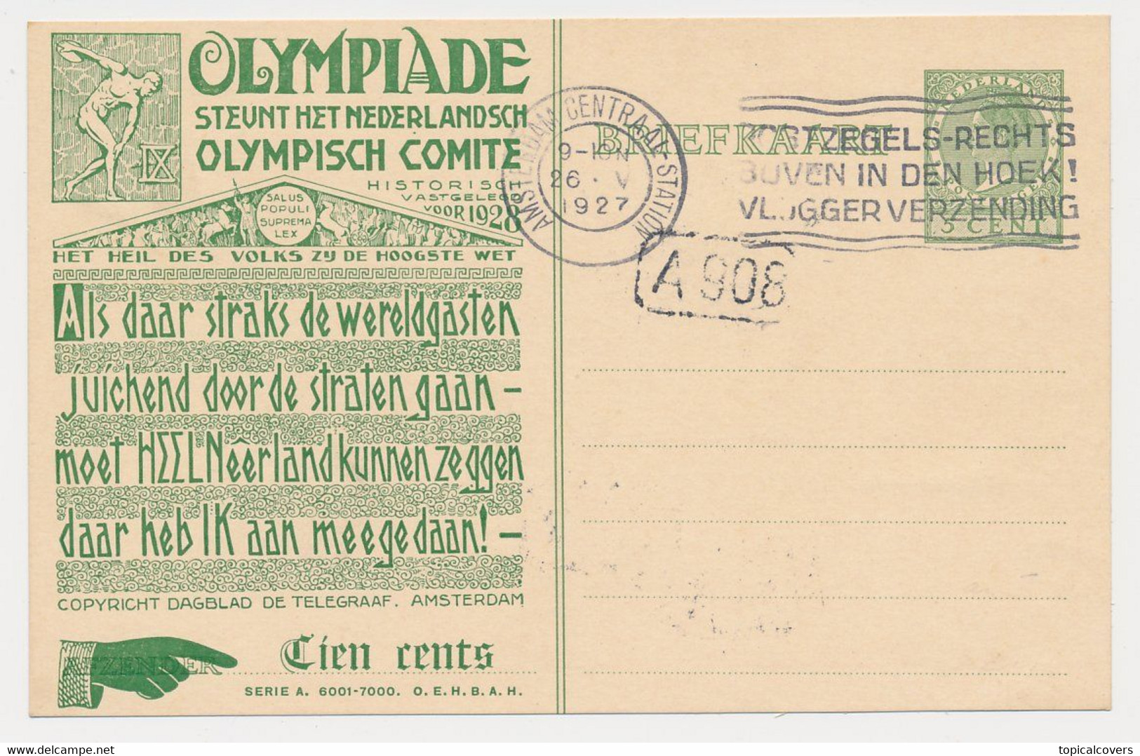 Postal Stationery Olympic Games Amsterdam 1928 - Cat. Geuzendam OL15 - Ete 1928: Amsterdam