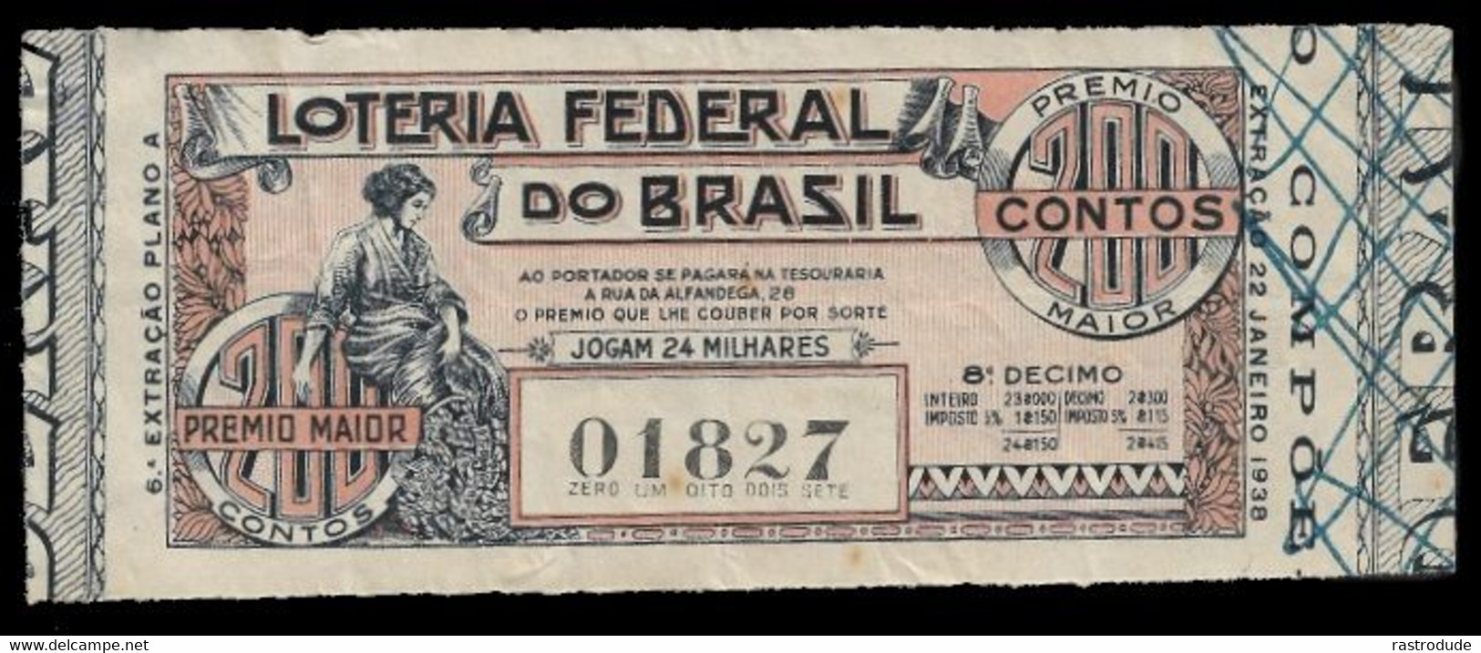 1938 BRAZIL BRASIL - LOTTERY TICKET BILHETE DE LOTERIA - LOTERIA FEDERAL DO BRASIL - Lottery Tickets