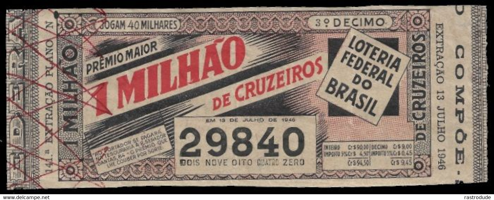 1946 BRAZIL BRASIL - LOTTERY TICKET BILHETE DE LOTERIA - LOTERIA FEDERAL DO BRASIL - Lottery Tickets