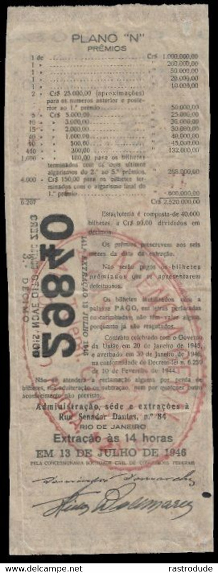 1946 BRAZIL BRASIL - LOTTERY TICKET BILHETE DE LOTERIA - LOTERIA FEDERAL DO BRASIL - Lottery Tickets