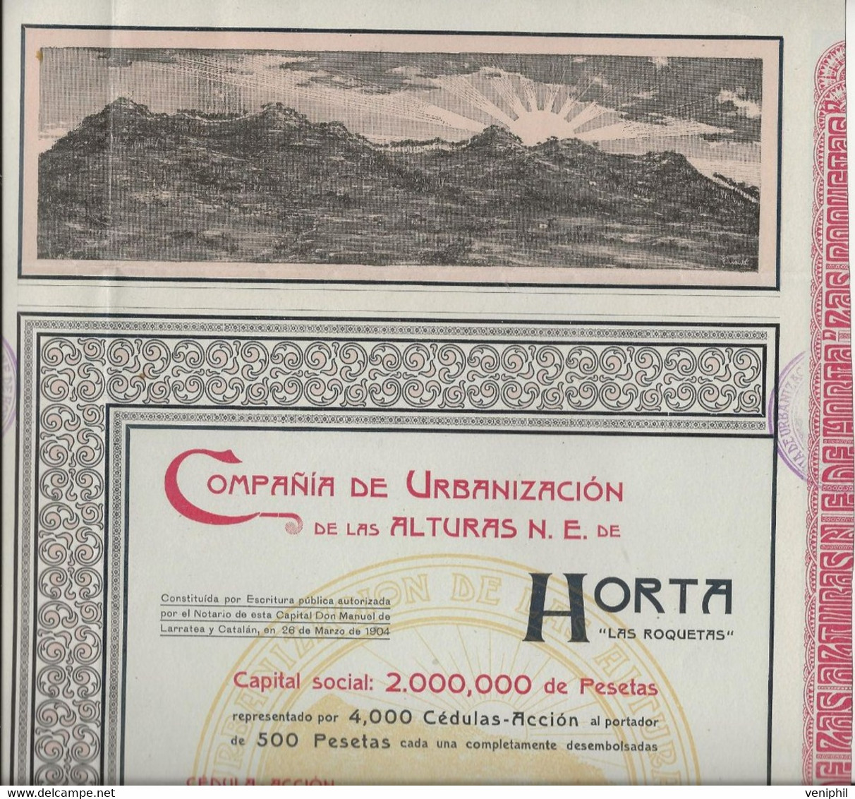 ESPAGNE - COMPANIE DE URBANIZACION DE LAS ALTURAS N.E. DE HORTA - DIVISE EN 4000 ACTIONS DE 500 PESETAS -ANNEE 1904 - Industrie