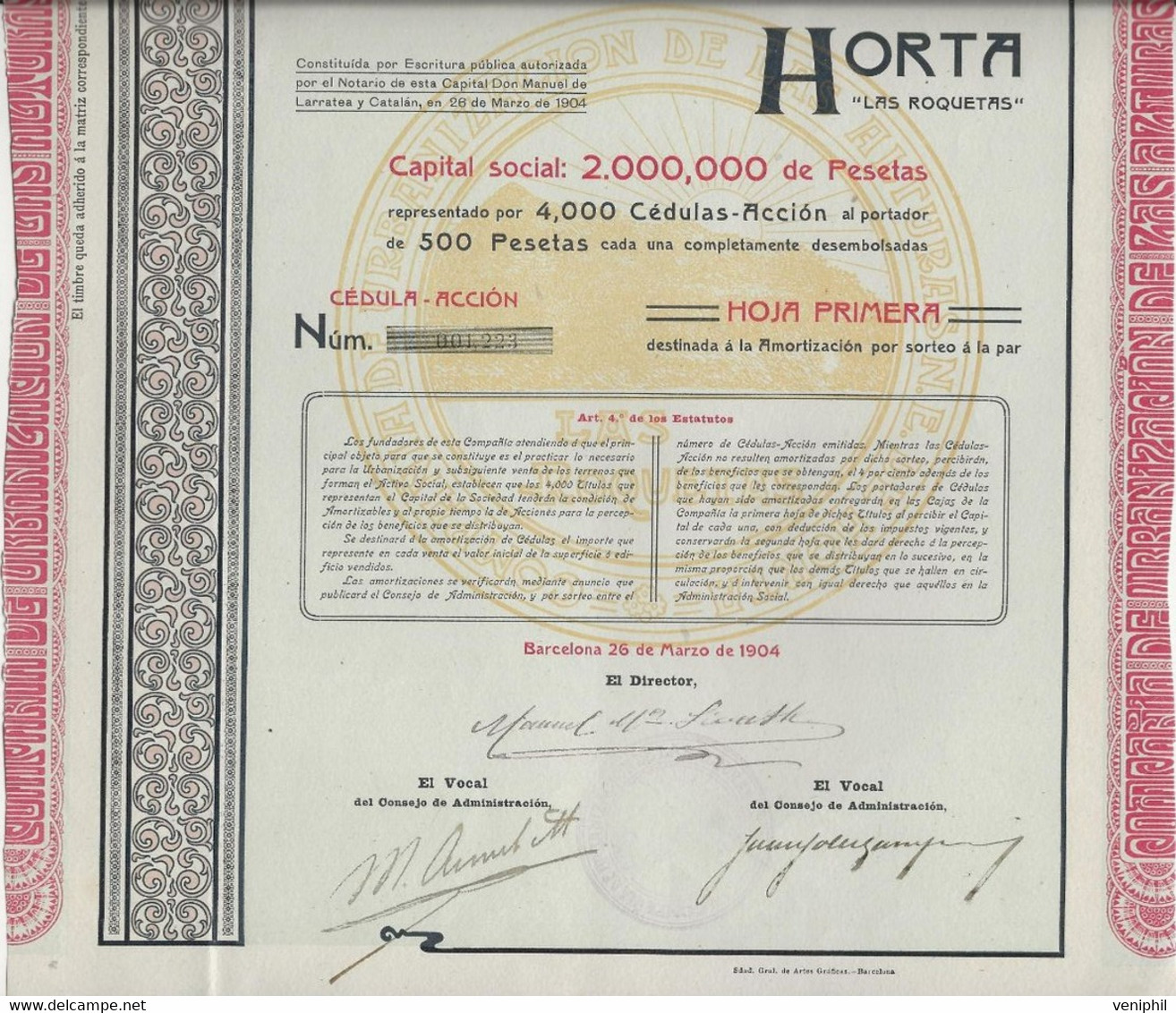 ESPAGNE - COMPANIE DE URBANIZACION DE LAS ALTURAS N.E. DE HORTA - DIVISE EN 4000 ACTIONS DE 500 PESETAS -ANNEE 1904 - Industry