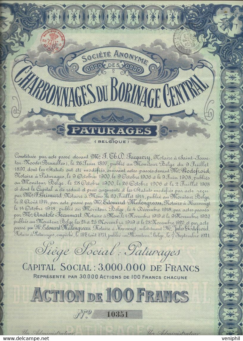 CHARBONNAGES  DU BORINAGE  CENTRAL -PATURAGES  BELGIQUE - ACTION DE 100 FRANCS - 1919 - Mines