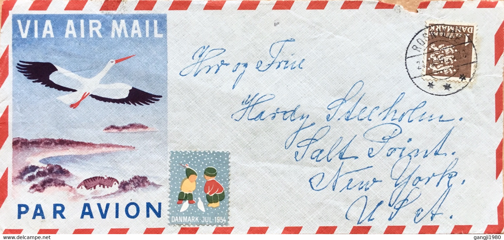 DANMARK 1954, USED COVER TO USA, SPECIAL AIRMAIL BIRD PICTURE, VIGNETTE CHILDREN LABEL! ROSKILDE CITY CANCELLATION. - Poste Aérienne