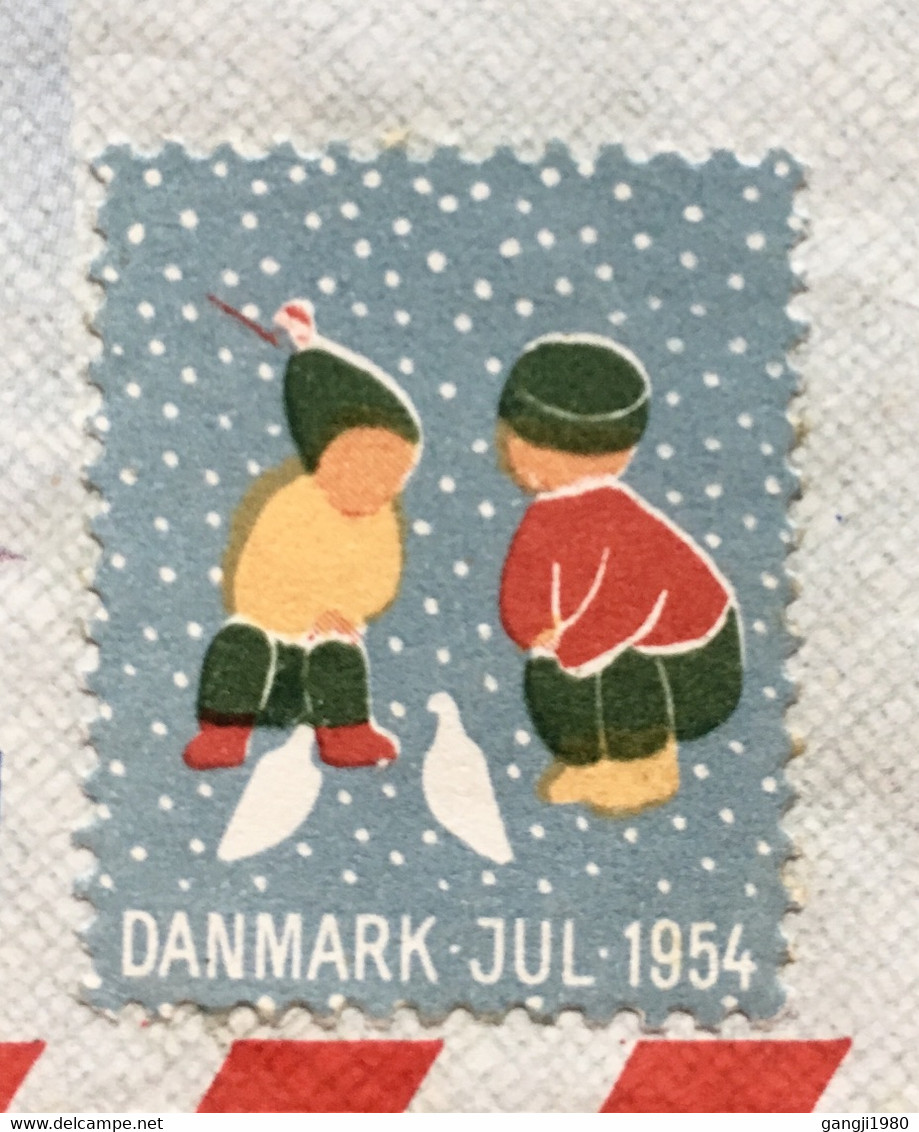 DANMARK 1954, USED COVER TO USA, SPECIAL AIRMAIL BIRD PICTURE, VIGNETTE CHILDREN LABEL! ROSKILDE CITY CANCELLATION. - Poste Aérienne