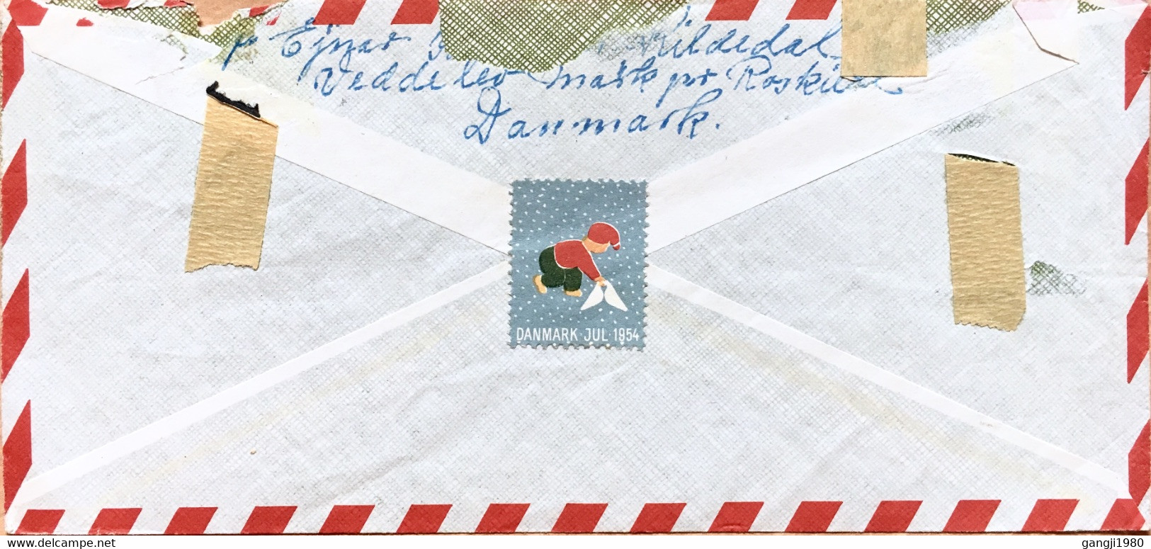 DANMARK 1954, USED COVER TO USA, SPECIAL AIRMAIL BIRD PICTURE, VIGNETTE CHILDREN LABEL! ROSKILDE CITY CANCELLATION. - Poste Aérienne