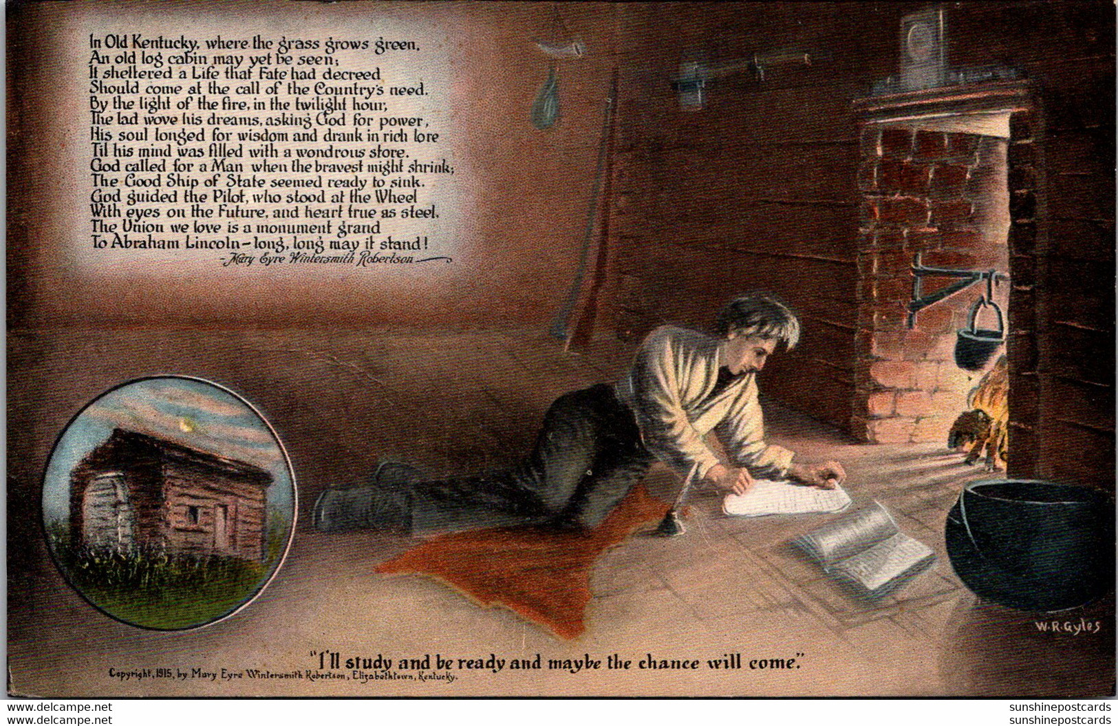 Young Abraham Lincoln Studying In Old Cabin Kentucky Curteich - Presidents