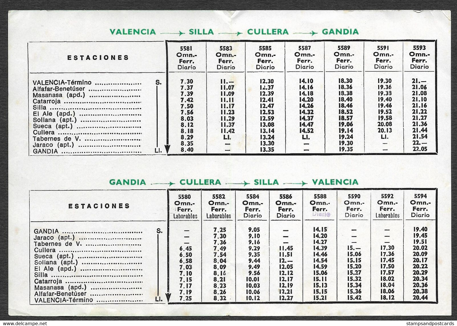 Espagne Horaire Train 1973 España Horario Tren Renfe Valencia Cullera Gandia Spain Train Timetable - Europe