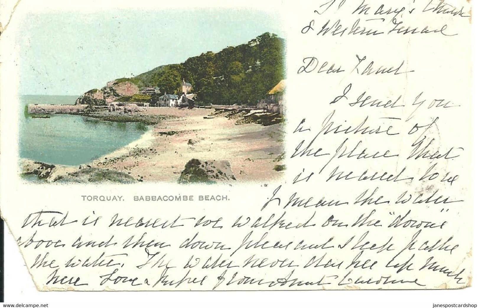 EARLY DAMAGED POSTCARD - BABBACOMBE BEACH TORQUAY WITH 1902 POSTMARK ST. MARYS CHURCH - Torquay